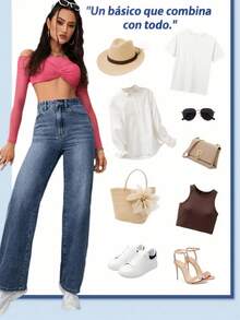 Jeans de mezclilla de pierna ancha recta de diseño simple con cintura alta para mujeres a la moda - Azul lavado oscuro - Ver 2