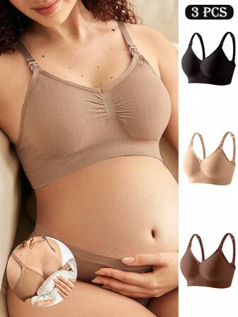 Moonlight & Mama 3pcs Maternity Solid Color Ruched Nursing Comfortable Bras Set