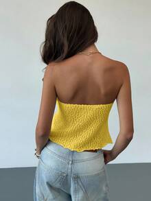 Aloruh Romantic Sexy Yellow Twist Hollow Textured Ruffle Hem Tight Crop Top For Women - Yellow - View 2