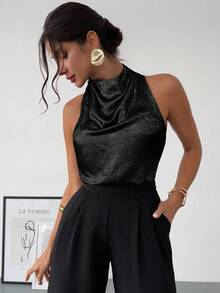 Firerie Women's Elegant Sexy Delicate Romantic Party Daily Commute New Metallic Coated Backless Halter Champagne Color Blouse - Black - View 2