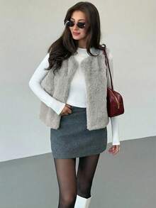 Aloruh 无袖基础款外套，秋冬季优雅时尚仿皮草大衣 - 灰色 - 查看 4