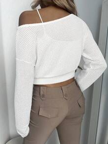 Aloruh Off Street Casual Asymmetrical Sloping Shoulder Simple And Versatile Striped Long Sleeved Mesh T-Shirt - White - View 3