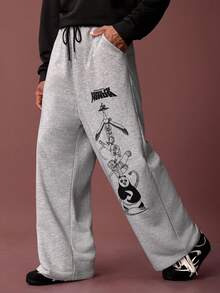 Kung Fu Panda X SHEIN Men's Casual Sports Panda Print Drawstring Waist Sweatpants - Light Grey - View 1