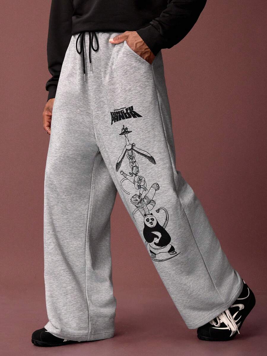 Kung Fu Panda X SHEIN Men's Casual Sports Panda Print Drawstring Waist Sweatpants - Light Grey - View 1