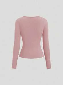 Sweetra 女士纯色环扣长袖褶皱休闲T恤 - 粉色 - 查看 2