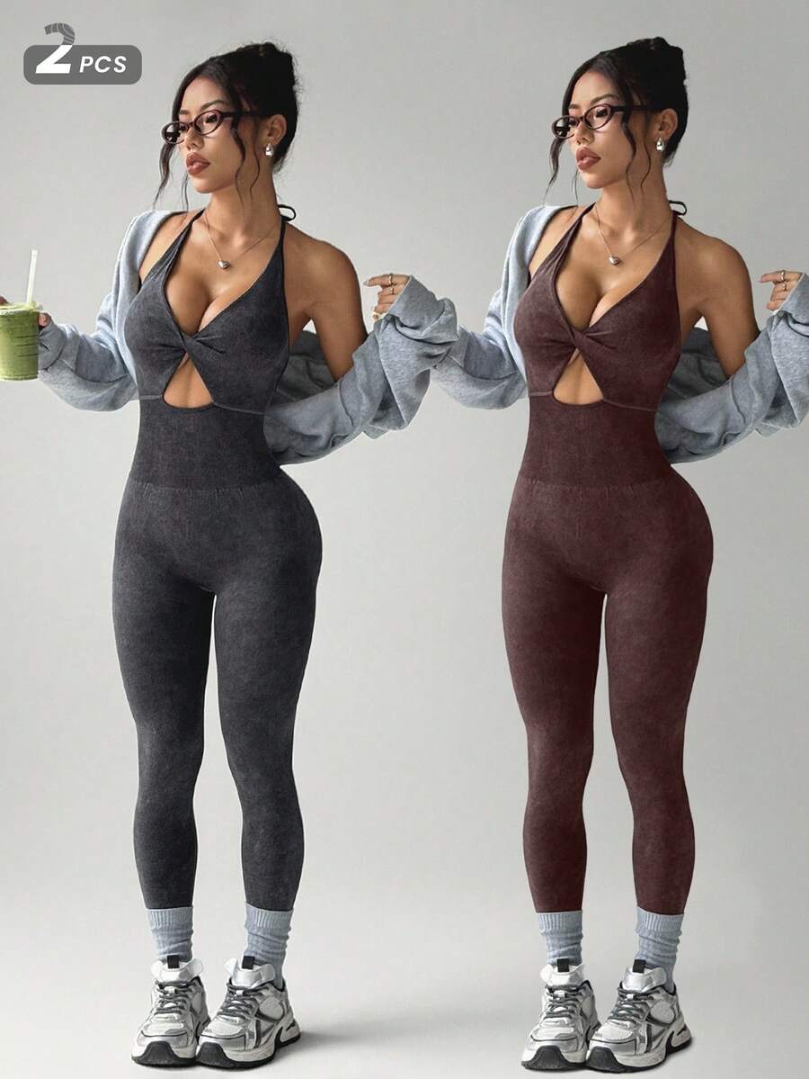 Velisys 无缝瑜伽连体衣，工字背，七分裤，可拆卸罩杯，前扭纹镂空，露背设计，时尚性感，适合健身、户外跑步，吸湿排汗 - 彩色 - 查看 1