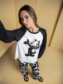 SHEIN Felix The Cat 女士秋季猫咪印花撞色插肩袖上衣和裤子睡衣套装 - 黑與白 - 查看 7