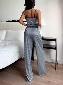 ZzzCrew Summer Decorative Button Striped Print Bodycon Knit Camisole & Pants Set, Sexy Style - Navy Blue - View 3