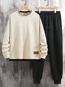 Manfinity Homme Plus Size Men's Casual Simple Set,Solid Color Round Neck Long Sleeve Top&Loose Fit Pants,Soft Fabric,Black And Beige,Autumn,Casual,Work - Apricot - View 1