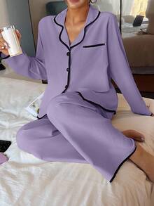 Dream Adore 女士撞色滚边翻领宽松长袖睡衣套装 - 紫色 - 查看 3