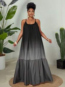 Eryvara 女士休闲度假沙滩旅行吊带圆领彩色扎染印花波西米亚风拼接A字荷叶边长裙，适合所有季节 - 灰色 - 查看 4