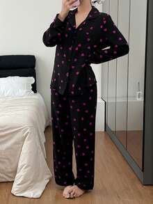 Dream Adore Bộ đồ mặc nhà in hình trái tim nhăn nhẹ dành cho nữ, thích hợp mặc trong nhà và ngoài trời. - màu đen - Xem 4