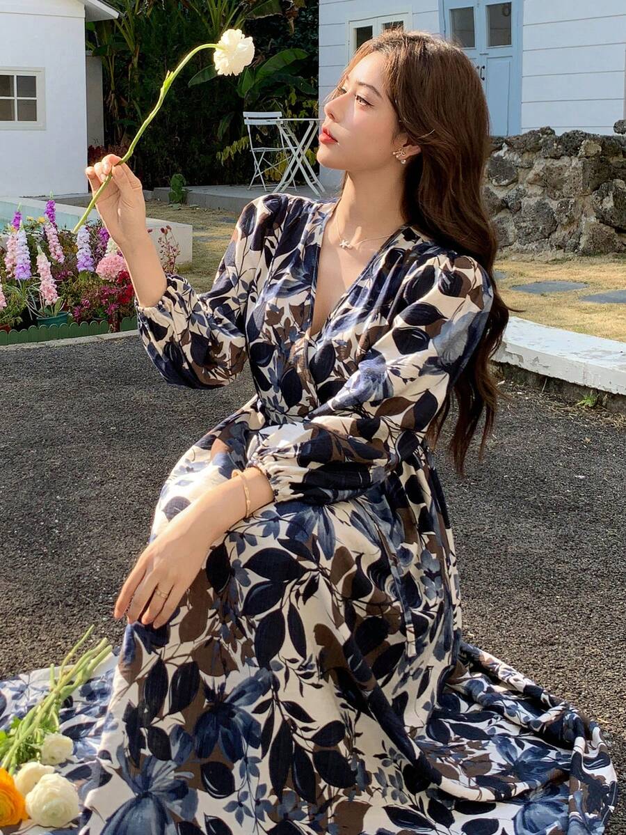 DAZY Women's Floral Print V-Neck Long Sleeve Mid-Length Dress Sundress - Baby Blue - View 1