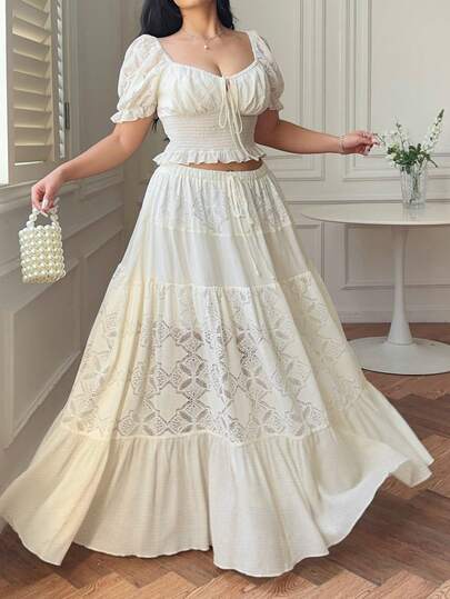 Vibekara Vacation, Off The Shoulder, Summer Women Outfit Sweet Off Shoulder Two-Wear Top And High-Waisted A-Line Solid Color Textured Fabric Splicing Lace Skirt Two Pieces Set, Summer Elegant, Party, Evening High-End Luxury French Lace Shirt And Skirt Two Pieces Set, New Fashion Elegant Banquet, Elegant, Birthday