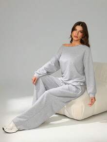 SHEIN Tall 女士秋冬/夏季四季街头风外出露肩长袖灰色卫衣搭配松紧腰高腰灰色长裤两件套，舒适百搭。 - 灰色 - 查看 9