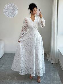 Modelyn Vestido de mujer con cuello en V y mangas farol, estilo francés - Blanco - Ver 1