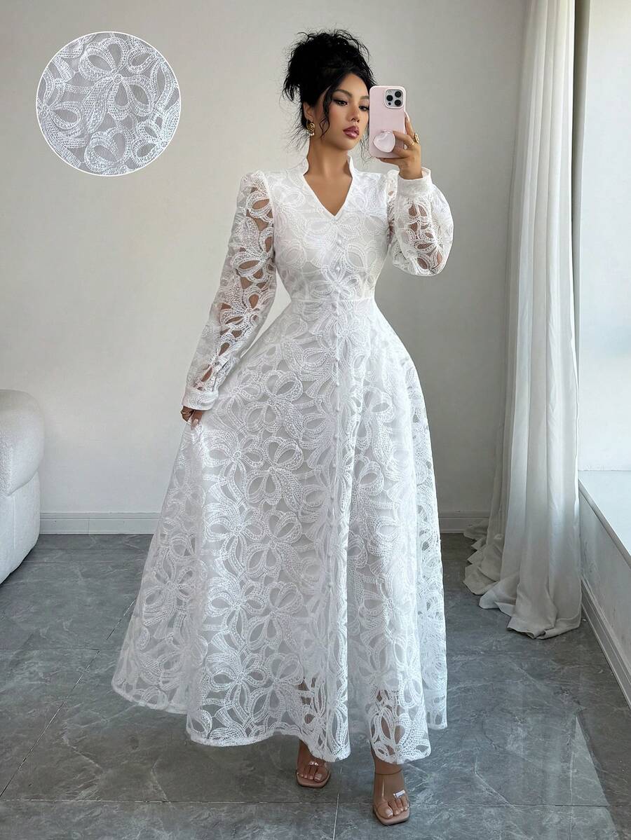 Modelyn Vestido de mujer con cuello en V y mangas farol, estilo francés - Blanco - Ver 1