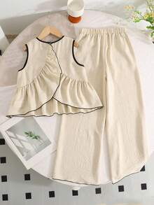 SHEIN 少女休闲简约舒适圆领无袖荷叶边下摆上衣和裤子套装 - 杏色 - 查看 4