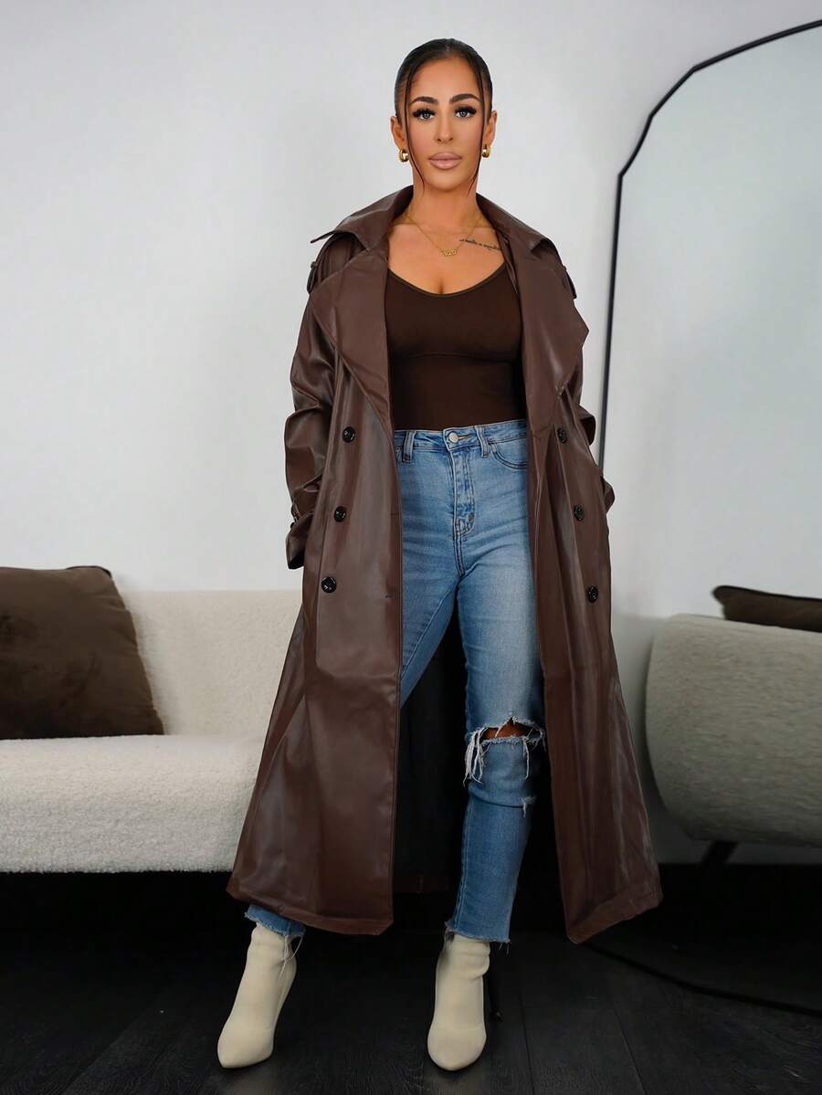 SAYEHFBABY Women Fashion Street Chic PU Leather Lapel Collar Double Breasted Belted Long Trench Coat Fall Winter Cloth For Women - Brown - View 1