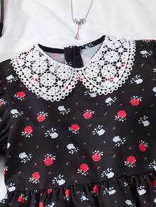 SHEIN Vestido floral digital de niña preadolescente, base blanca, decoración de flores en el cuello, mangas abultadas, elegante para vacaciones de verano - Negro - Ver 8
