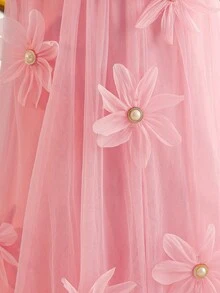 SHEIN Glamorique Kids Váy lưới họa tiết hoa 3D cho bé gái dự tiệc mùa hè và lễ hội. - Hồng - Xem 4