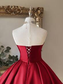 Lovelzi Elegant Blue Strapless Sweetheart Neckline Ruched Front Luxurious Rhinestone Embellished A-Line Peplum Hem Adjustable Tie Back Formal Gown - Burgundy - View 6