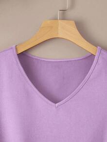 INAWLY Solid V Neck Tee - Lilac Purple - View 4