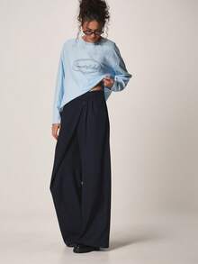 MISSGUIDED Quần tây ống rộng cạp cao, kiểu dáng công sở, có chi tiết khuy cài, thích hợp cho các dịp văn phòng và trang trọng. - Màu xanh hải quân - Xem 5