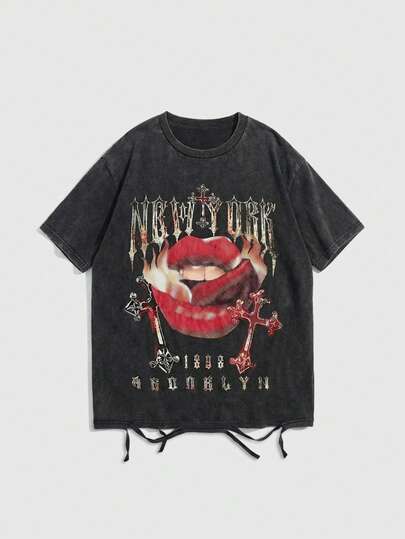 Street Life T-shirt oversize déchiré avec imprimé lèvres, style punk de rue