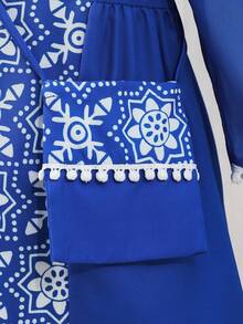 SHEIN 2pcs/Set Baby Girls' Middle Eastern Traditional Floral Print Patchwork Hem Dress & Crossbody Bag, Elegant Casual Outfit For Daily & Holiday Wear - Blue - View 4