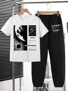 男童新款休闲简约Y2K风格宇航员元素运动撞色短袖长裤两件套，适合春夏日常休闲穿着 - 黑與白 - 查看 2