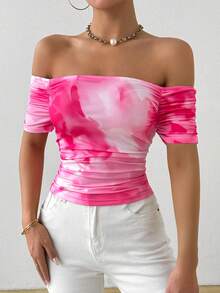 Glamine Women's Elegant Off Shoulder Floral Print T-Shirt, Summer - Pink - View 6