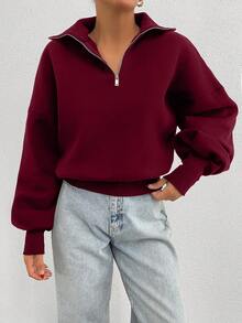 SHEIN Tall 100% Cotton Collar With Zipper Pattern Oversize Sweatshirt, Tall Women - Burgundy - View 6