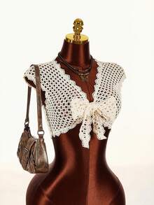 Amplova 2026 New V-Neck Front Tie Cropped Top, Knit-Look Fabric - Apricot - View 1