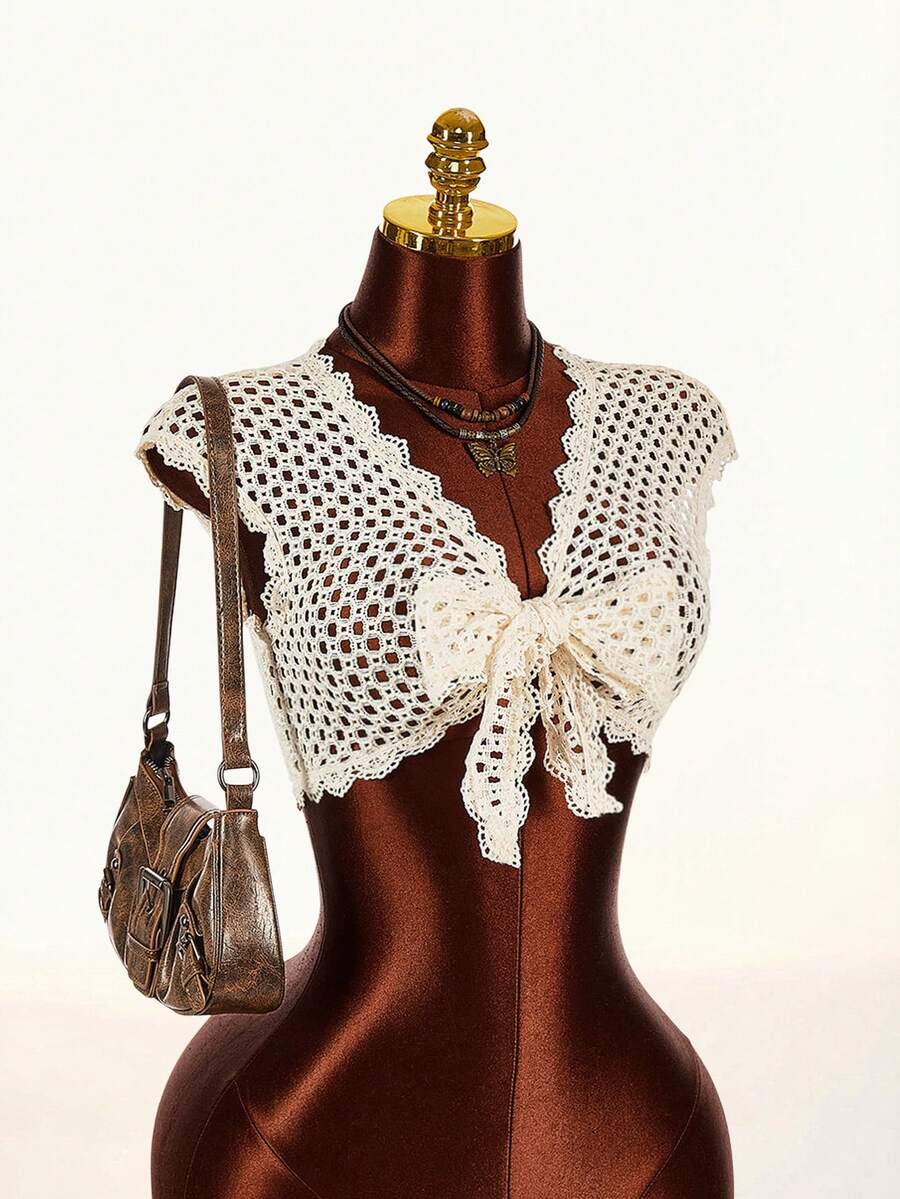 Amplova 2026 New V-Neck Front Tie Cropped Top, Knit-Look Fabric - Apricot - View 1