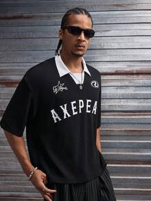 AXEPEAK Streetwear Casual Oversized Short Sleeve Polo Shirt With Contrast Color Graphic Print For Men - Black - View 5