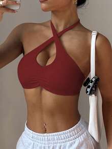 Dewbera 女士运动文胸，前部褶皱挂脖设计，可拆卸加厚交叉肩带，适合日常休闲穿着、网球、瑜伽、健身等多种场合。 - 紅色 - 查看 1
