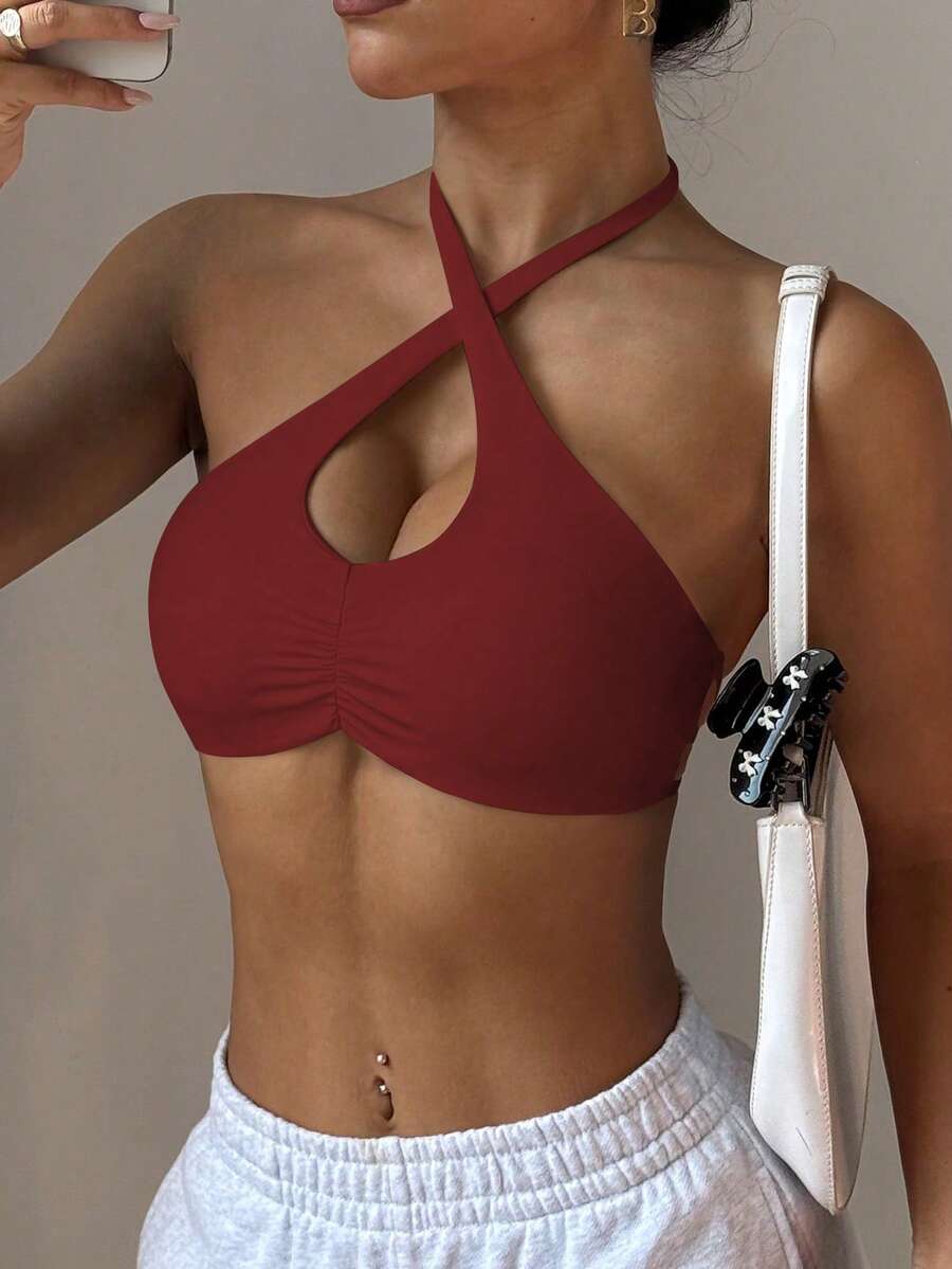 Dewbera 女士运动文胸，前部褶皱挂脖设计，可拆卸加厚交叉肩带，适合日常休闲穿着、网球、瑜伽、健身等多种场合。 - 紅色 - 查看 1