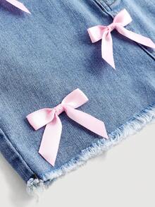 SHEIN 少女粉色蝴蝶结蓝色牛仔弹力修身迷你裙 - 中等水洗藍 - 查看 4