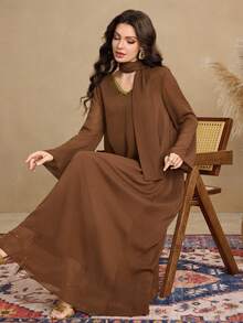 Al Najma Women's V-Neck Ruffle Scarf Decor Elegant Long Arabic Dress - Brown - View 4