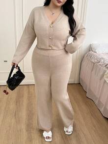 Comfortcana Conjunto informal de 2 piezas de talla grande para mujer, compuesto por un cárdigan de punto de manga larga con hombros caídos y pantalones de punto, para otoño/invierno - Caqui - Ver 10