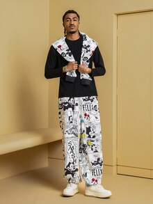 Felix The Cat X SHEIN Men's Casual Fashion Street Cartoon Pattern Drawstring Waist Slant Pocket Loose Tapered Leg Pants - White - View 5