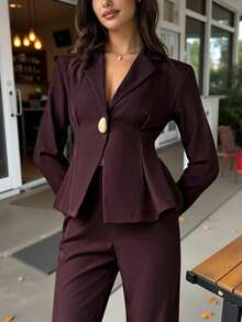 Firerie Women's Casual And Elegant Suit Jacket And Wide-Leg Pants Set, With A Fitted Top And Metal-Buckled Fitted Blazer/Purple Suit/Suit Suitable For Office And Commuting. (Keywords: Autumn Women's Wear, Autumn Outfits, Back To School Season, Business Casual Women's Wear, Retro Style Women's Wear, Office Wear, Outfits, Autumn Women's Wear, Vintage Style Suit) - Mocha Brown - View 5