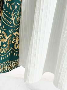 SHEIN 1 pieza Vestido elegante y lujoso para niñas con tela metálica tejida, encaje dorado y decoración con cuentas, cuello en V y mangas abullonadas, adecuado para uso diario, fiestas y banquetes - Verde Oscuro - Ver 4