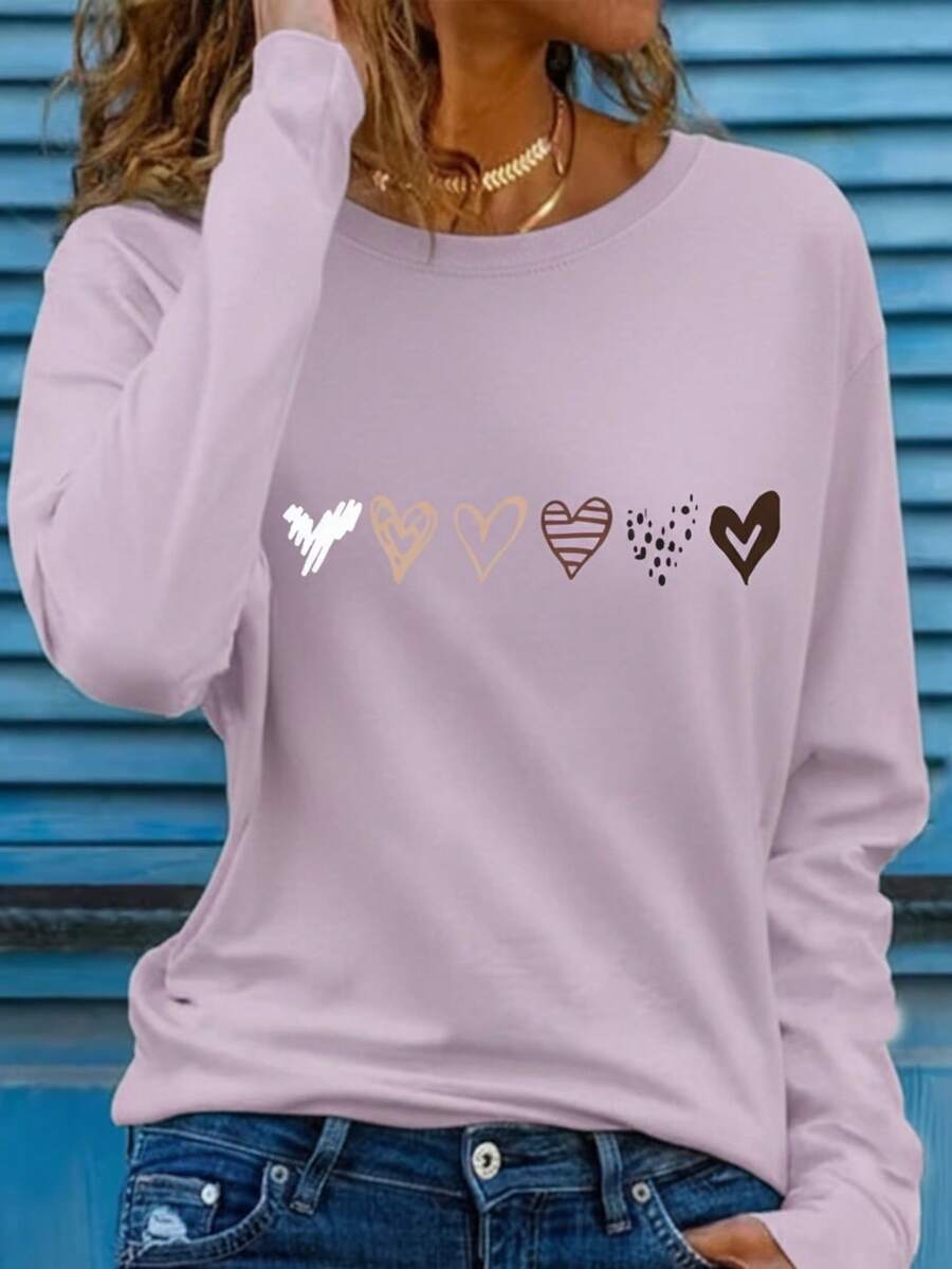Mujer casual camiseta estampado gráfico love corazón amor día san valentín cerezas cereza enamorados pareja linda tierna cute rayas rayones dibujo letras creativo ajuste regular cuello redondo manga larga primavera erano uso diario comoda fresca ligera - Lila - Ver 1