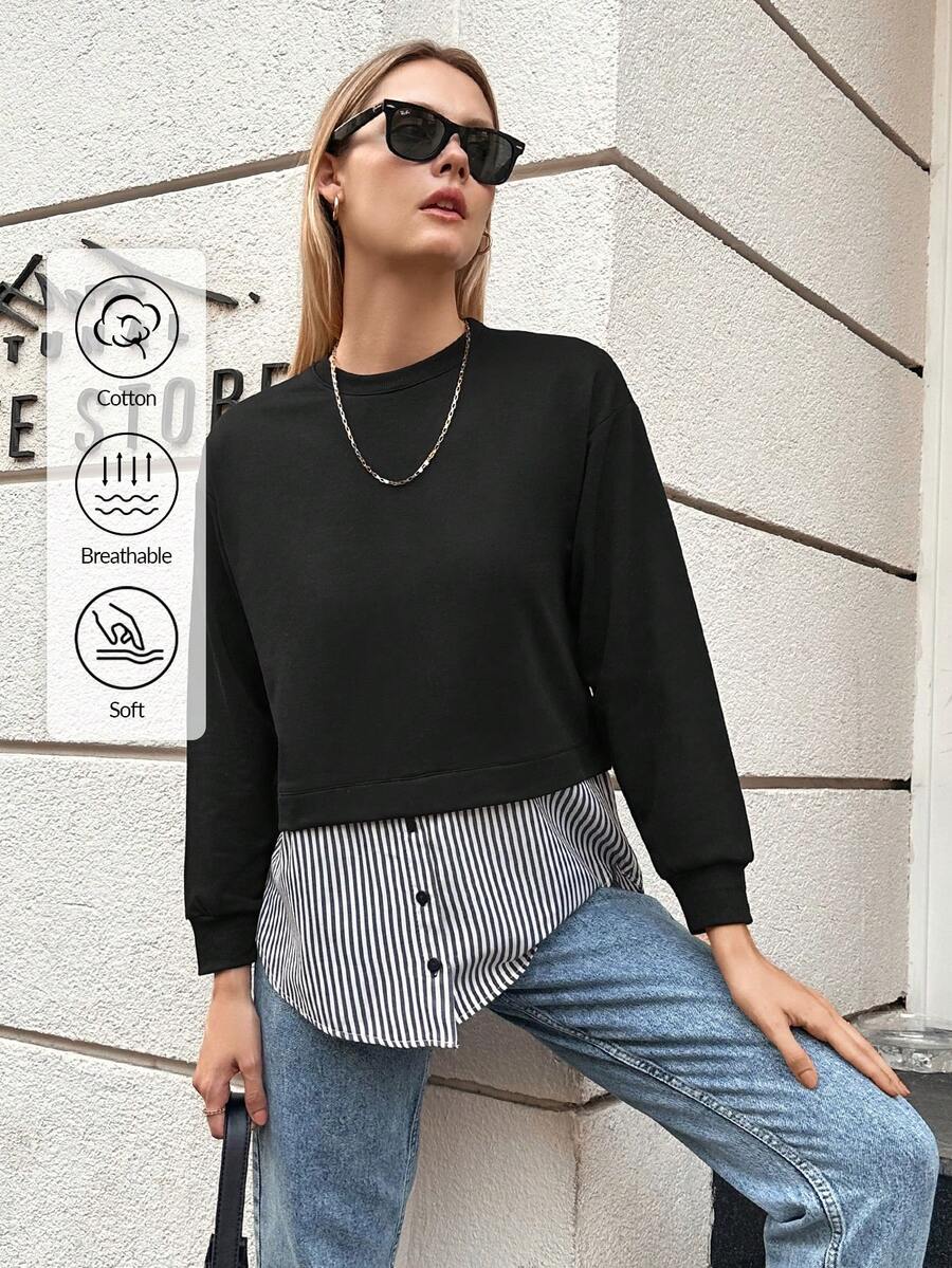 EURMUSE Cotton Striped Print 2 In 1 Sweatshirt - Black - View 1