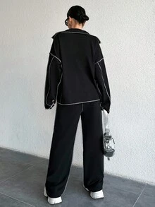 EURMUSE Women'S Color-Block Cropped Top And Shorts Set With Contrast Trim - Black - View 2