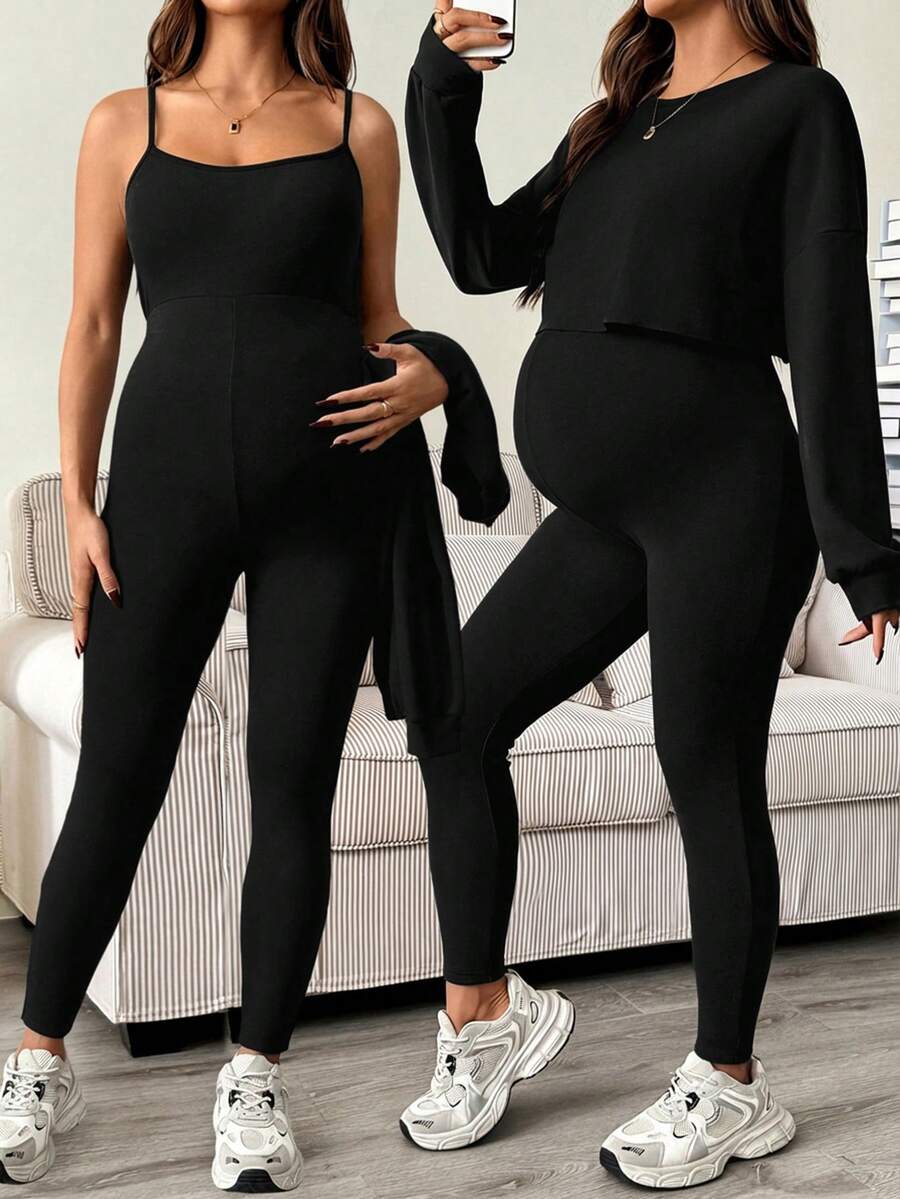 SHEIN Bộ 2 món gồm áo thun dài tay vai rớt màu trơn và áo liền quần dành cho bà bầu, kiểu dáng thường ngày. - màu đen - Xem 1