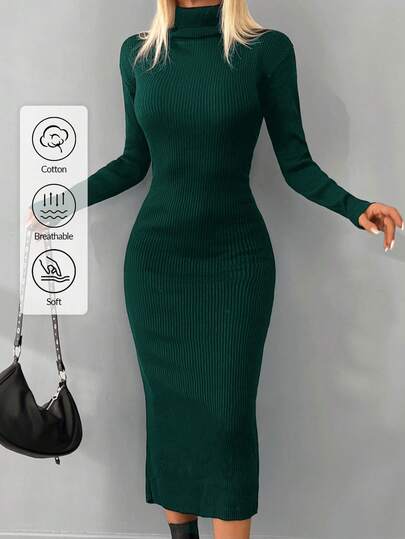 EURMUSE Turtleneck Ribbed Knit Bodycon Sweater Dress