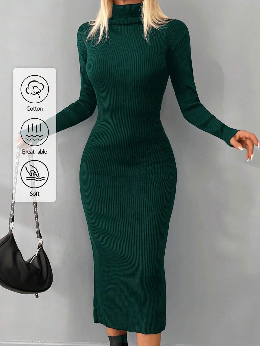 EURMUSE Turtleneck Ribbed Knit Bodycon Sweater Dress - Dark Green - View 1